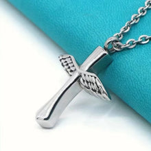 Load image into Gallery viewer, Cremation Urn Necklace of cross pendent with wings for Ashes